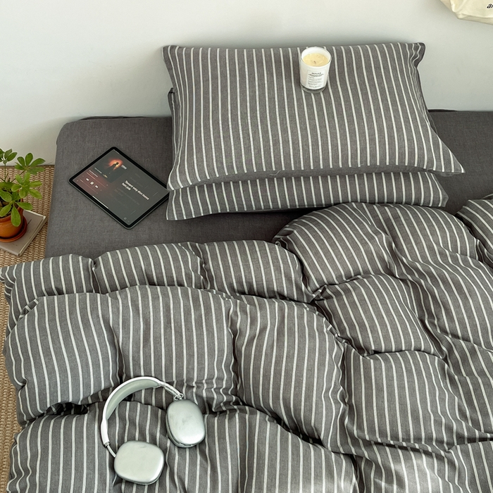 91家纺网 家纺一手货源 找家纺 莱茵家居 2026新款A类全棉色织日系芝麻锻纹套件-暮云系列 暮云-灰白