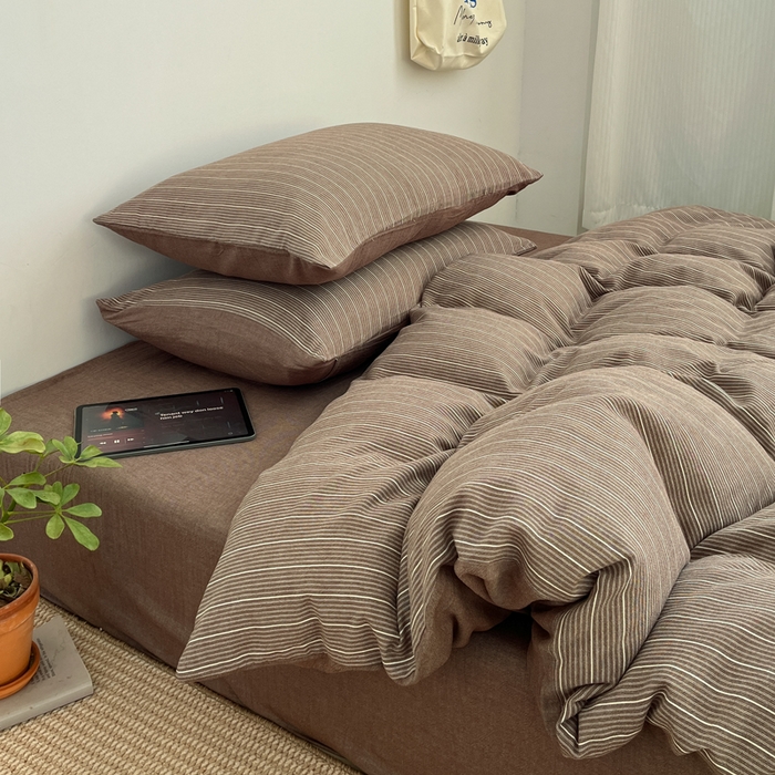 91家纺网 家纺一手货源 找家纺 莱茵家居 2026新款A类全棉色织日系芝麻锻纹套件-暮云系列 暮云-棕咖