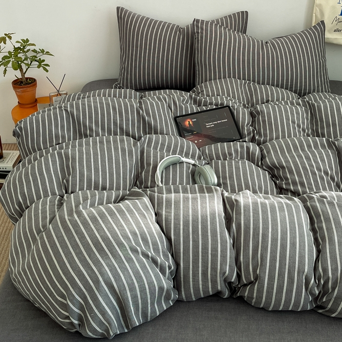 91家纺网 家纺一手货源 找家纺 莱茵家居 2026新款A类全棉色织日系芝麻锻纹套件-暮云系列 暮云-灰白