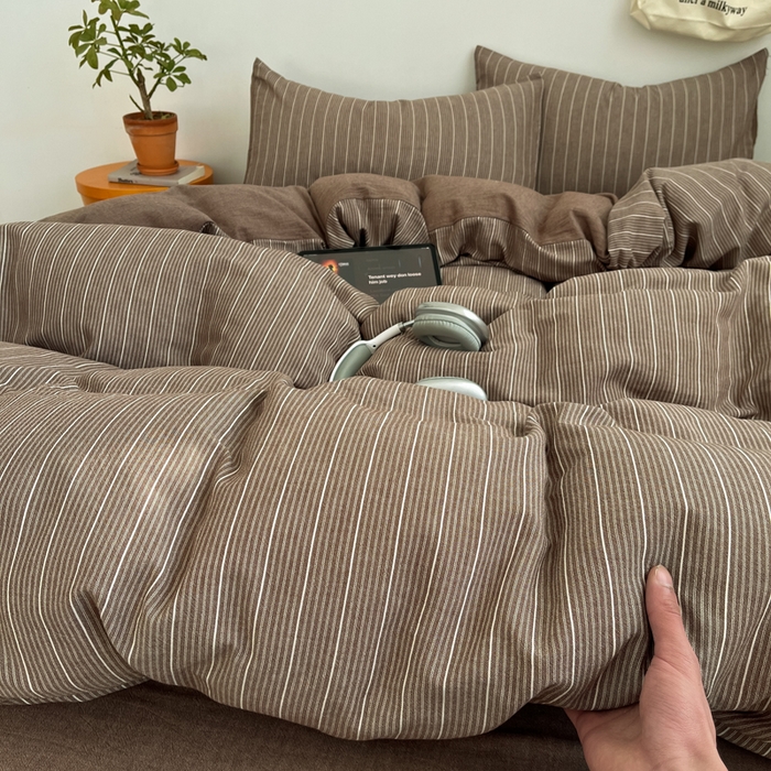 91家纺网 家纺一手货源 找家纺 莱茵家居 2026新款A类全棉色织日系芝麻锻纹套件-暮云系列 暮云-棕咖