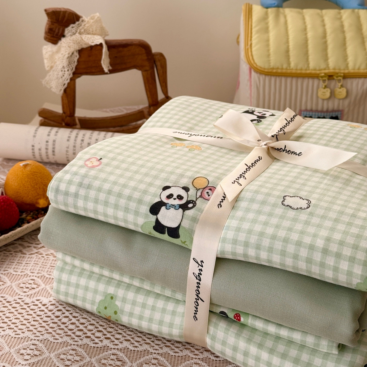 91家纺网 家纺一手货源 找家纺 于果 2026新款全棉纯棉双层纱四件套 俏皮熊猫