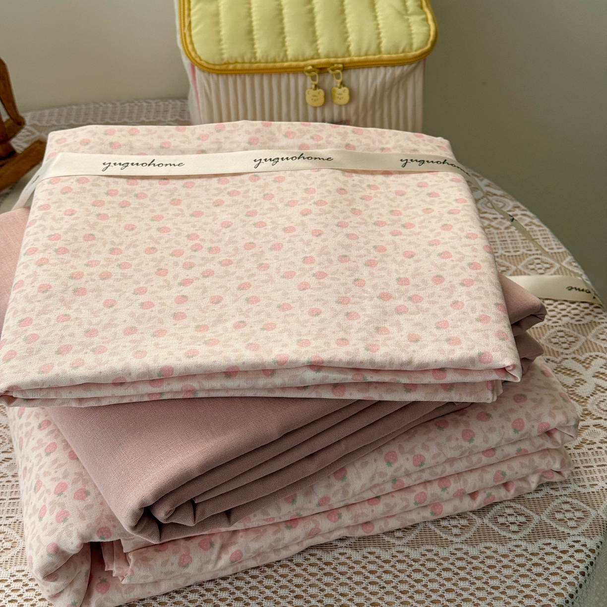 91家纺网 家纺一手货源 找家纺 于果 2026新款全棉纯棉双层纱四件套 甜蜜蜜