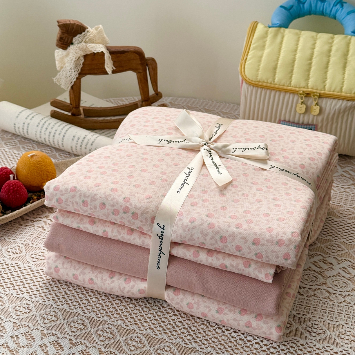 91家纺网 家纺一手货源 找家纺 于果 2026新款全棉纯棉双层纱四件套 甜蜜蜜