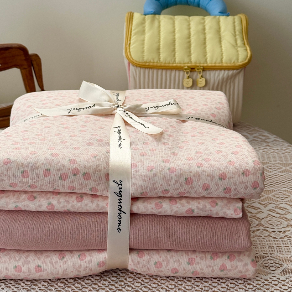 91家纺网 家纺一手货源 找家纺 于果 2026新款全棉纯棉双层纱四件套 甜蜜蜜