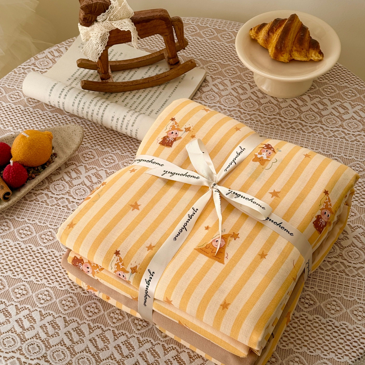 于果 2026新款全棉纯棉双层纱四件套 条纹星仔