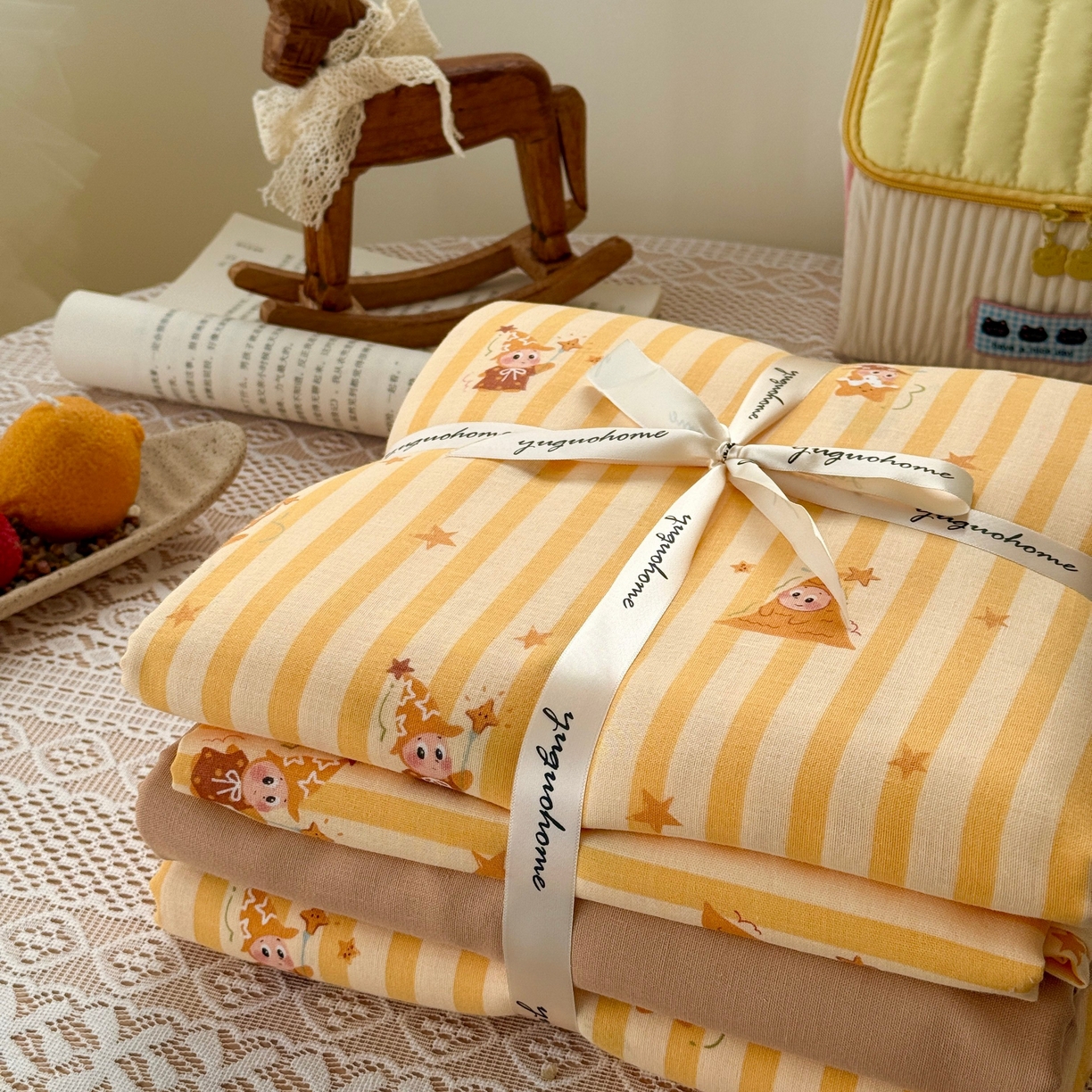 91家纺网 家纺一手货源 找家纺 于果 2026新款全棉纯棉双层纱四件套 条纹星仔