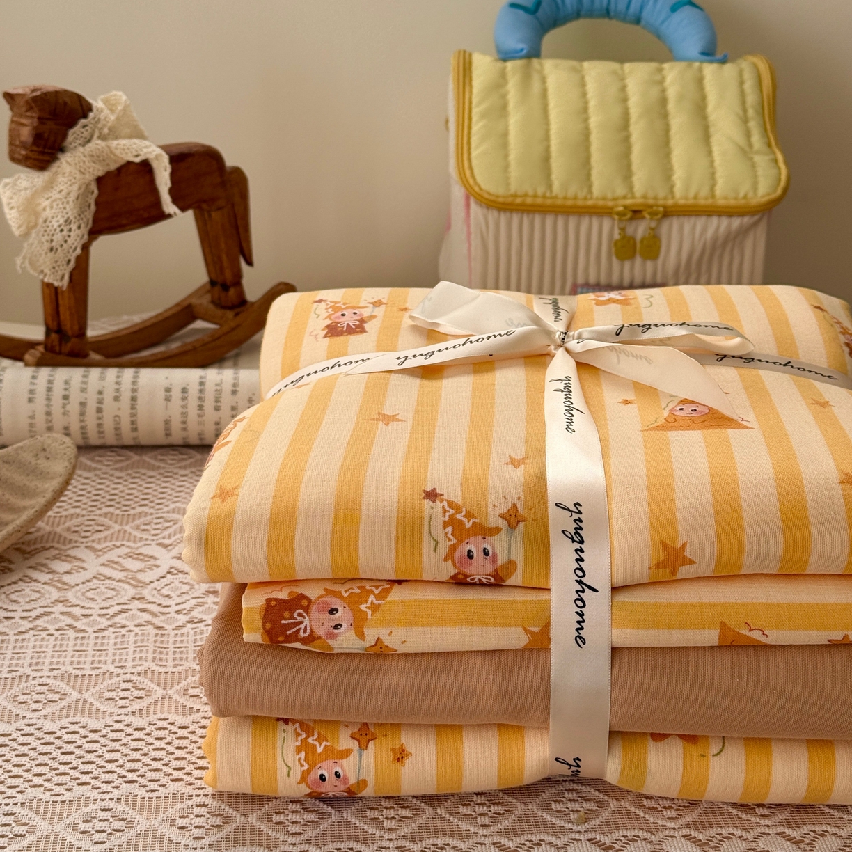 91家纺网 家纺一手货源 找家纺 于果 2026新款全棉纯棉双层纱四件套 条纹星仔