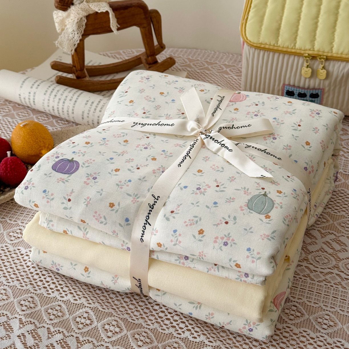 91家纺网 家纺一手货源 找家纺 于果 2026新款全棉纯棉双层纱四件套 旺旺南瓜