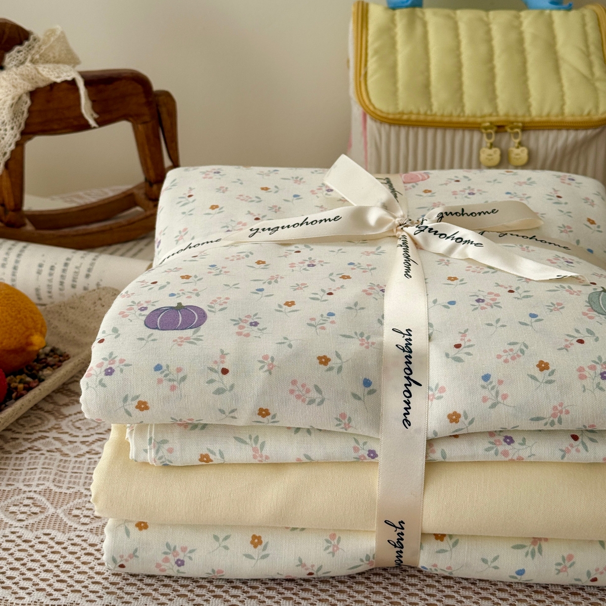 91家纺网 家纺一手货源 找家纺 于果 2026新款全棉纯棉双层纱四件套 旺旺南瓜