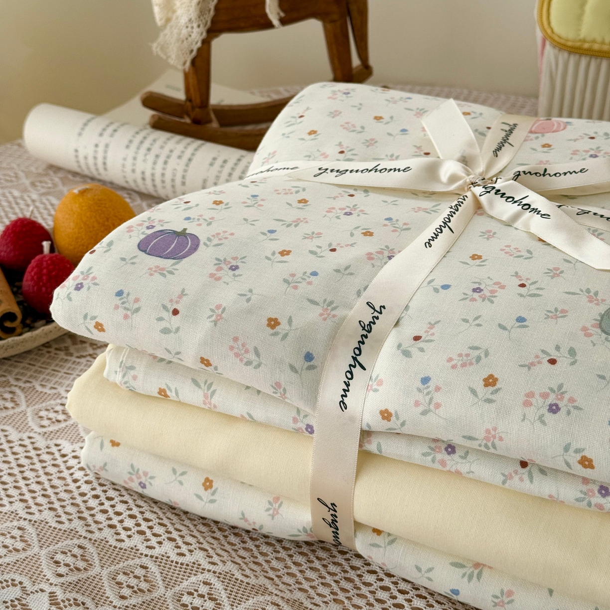 91家纺网 家纺一手货源 找家纺 于果 2026新款全棉纯棉双层纱四件套 旺旺南瓜