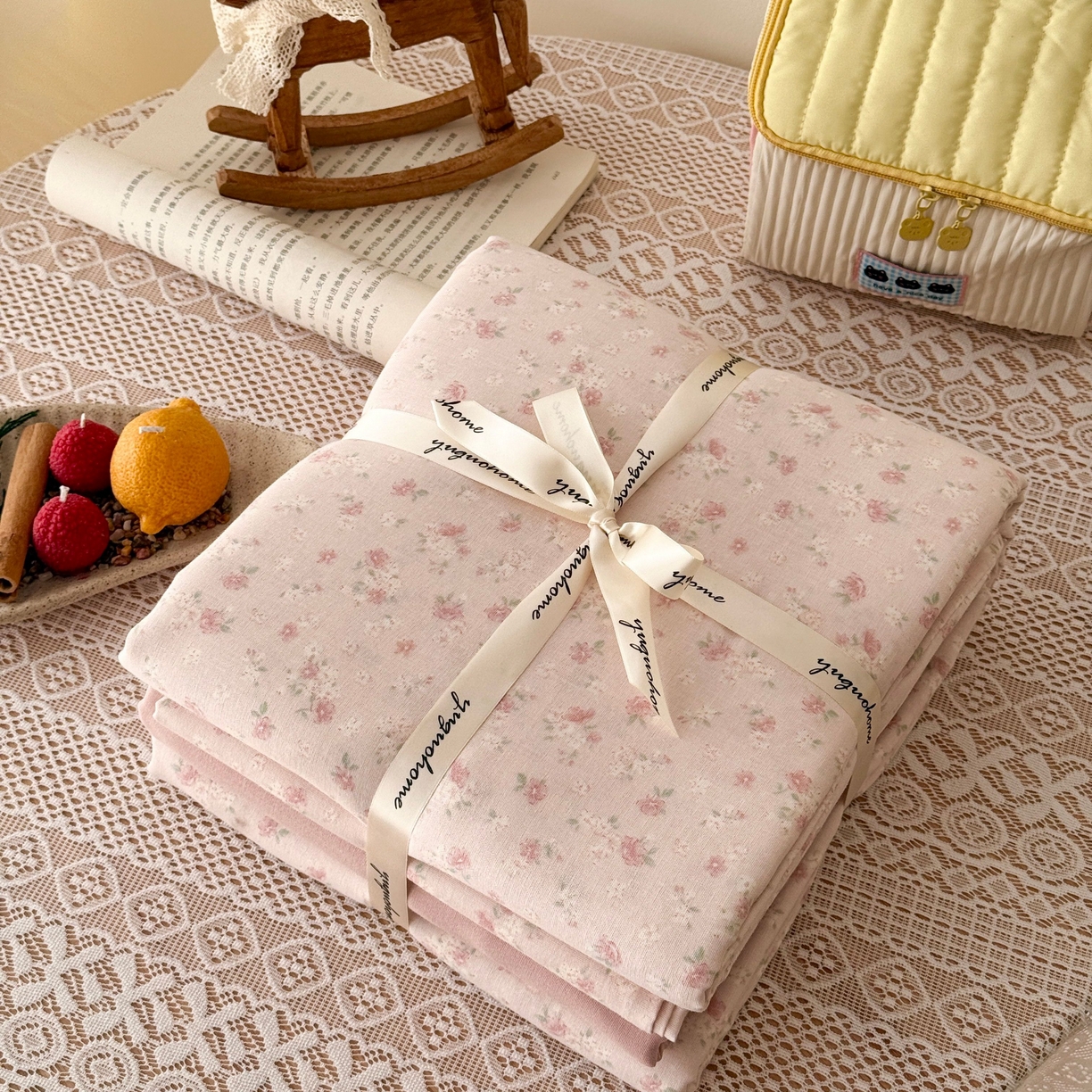 于果 2026新款全棉纯棉双层纱四件套 夏礼粉