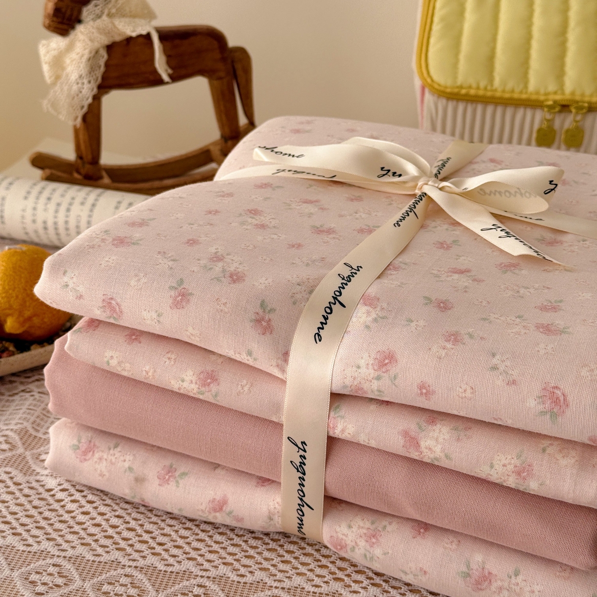 91家纺网 家纺一手货源 找家纺 于果 2026新款全棉纯棉双层纱四件套 夏礼粉