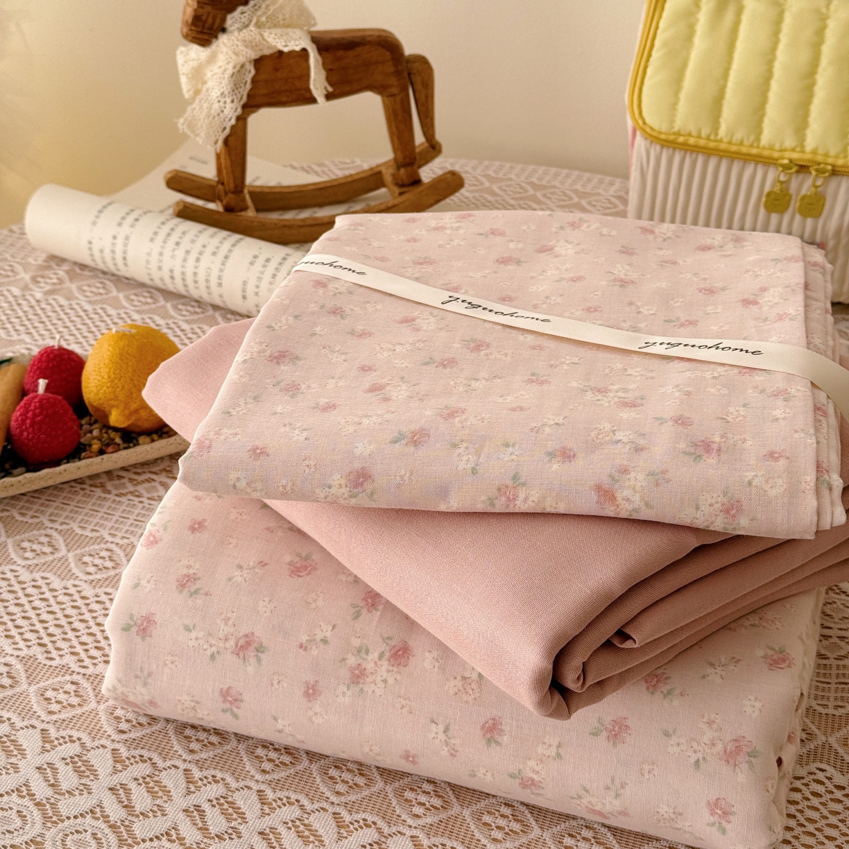 91家纺网 家纺一手货源 找家纺 于果 2026新款全棉纯棉双层纱四件套 夏礼粉