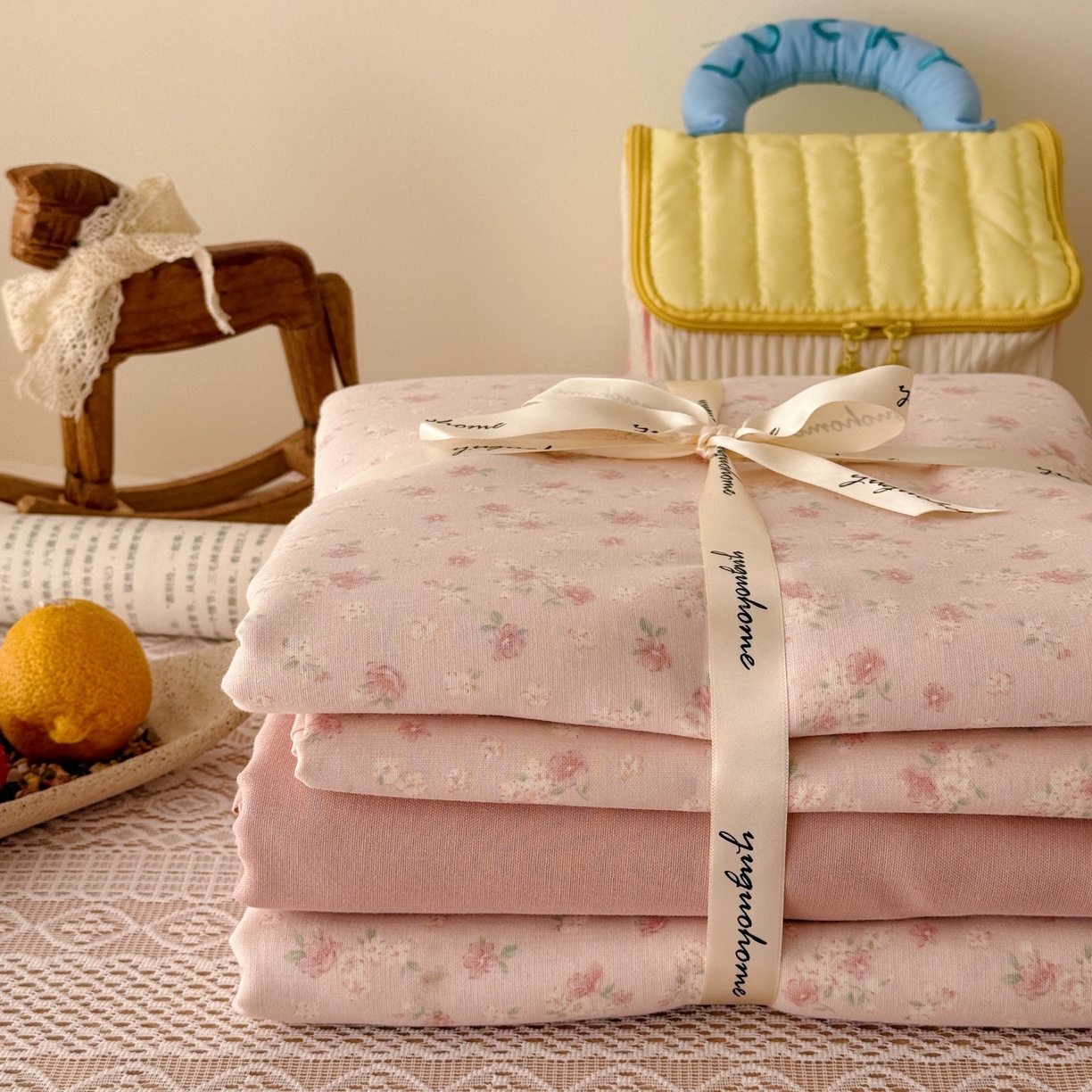 91家纺网 家纺一手货源 找家纺 于果 2026新款全棉纯棉双层纱四件套 夏礼粉