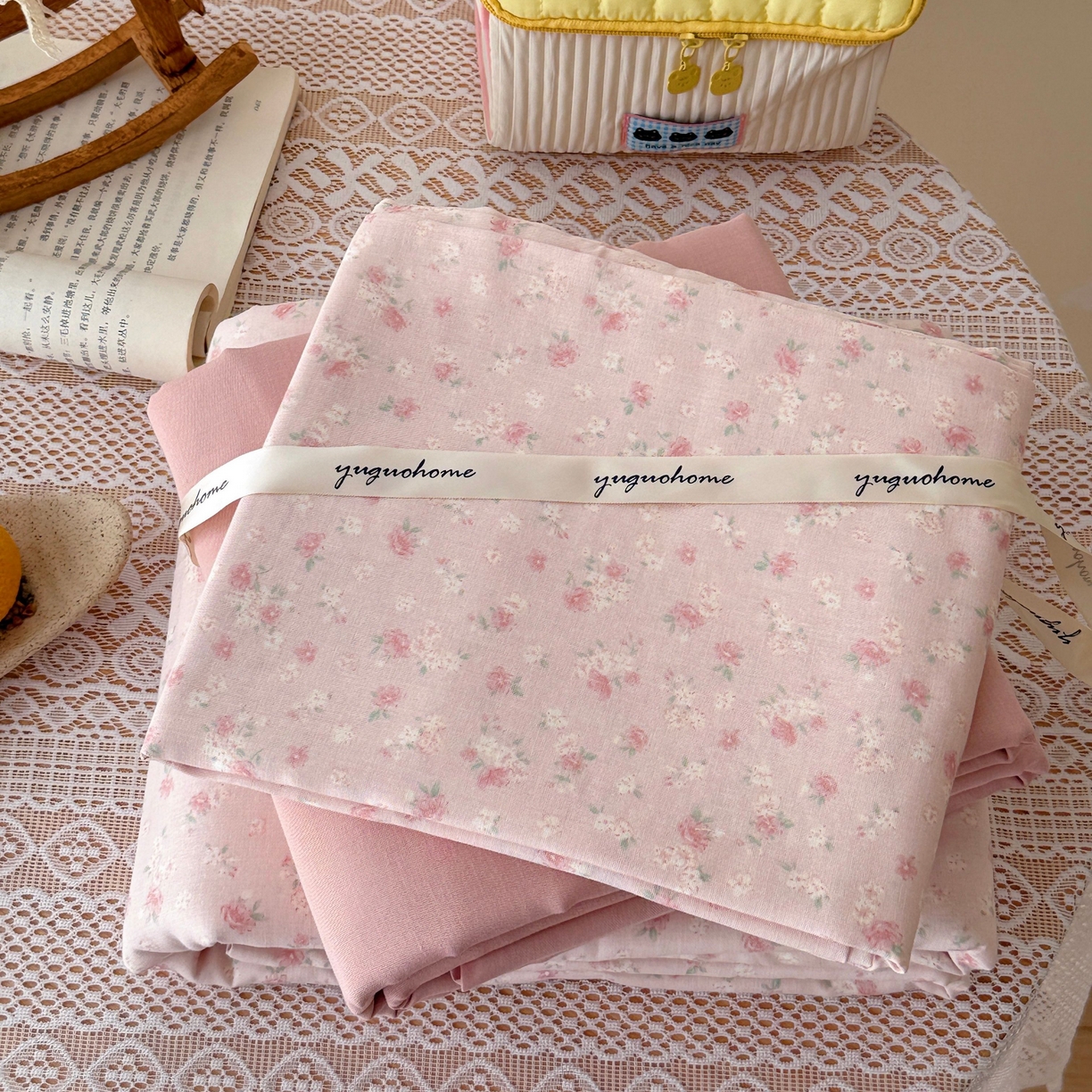 91家纺网 家纺一手货源 找家纺 于果 2026新款全棉纯棉双层纱四件套 夏礼粉