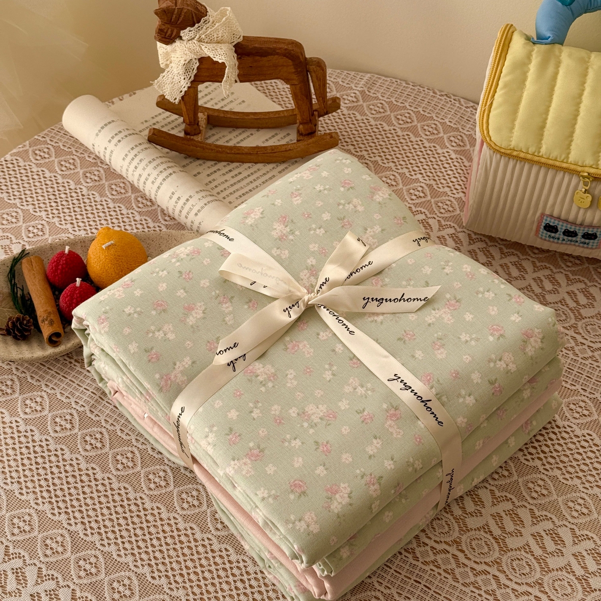 于果 2026新款全棉纯棉双层纱四件套 夏礼绿