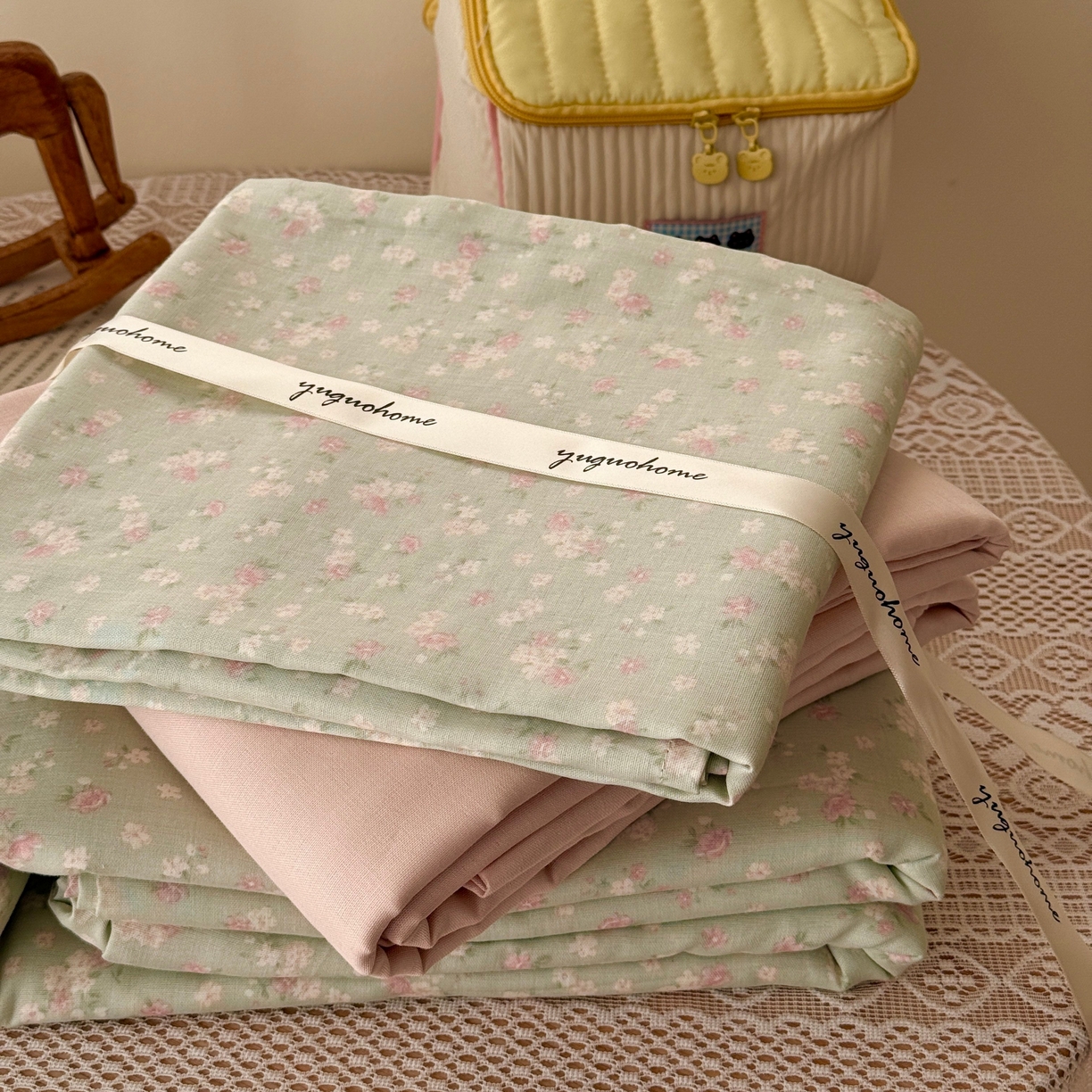 91家纺网 家纺一手货源 找家纺 于果 2026新款全棉纯棉双层纱四件套 夏礼绿