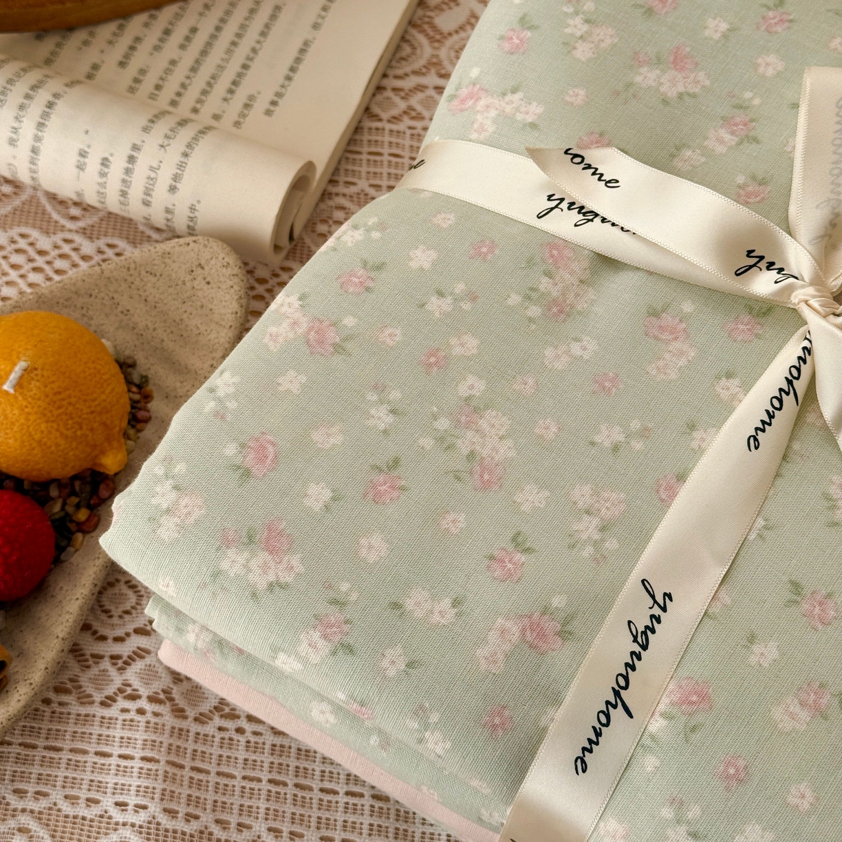 91家纺网 家纺一手货源 找家纺 于果 2026新款全棉纯棉双层纱四件套 夏礼绿