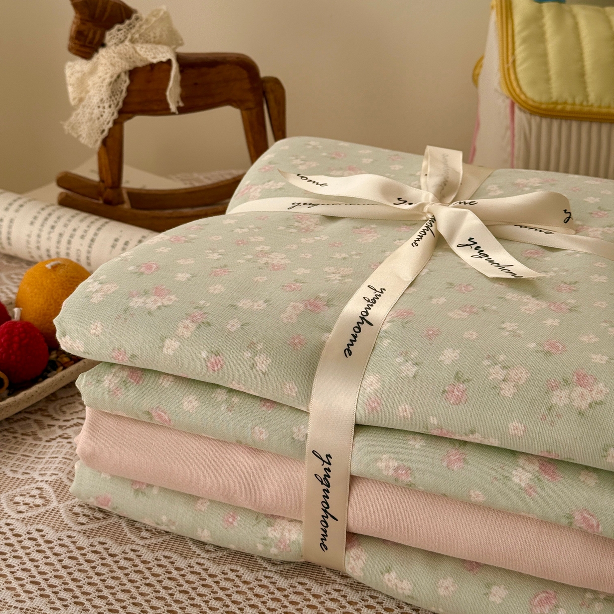 91家纺网 家纺一手货源 找家纺 于果 2026新款全棉纯棉双层纱四件套 夏礼绿