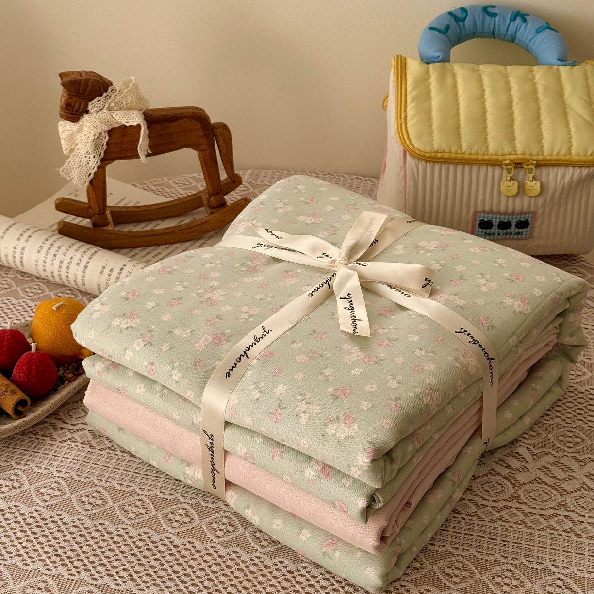 91家纺网 家纺一手货源 找家纺 于果 2026新款全棉纯棉双层纱四件套 夏礼绿