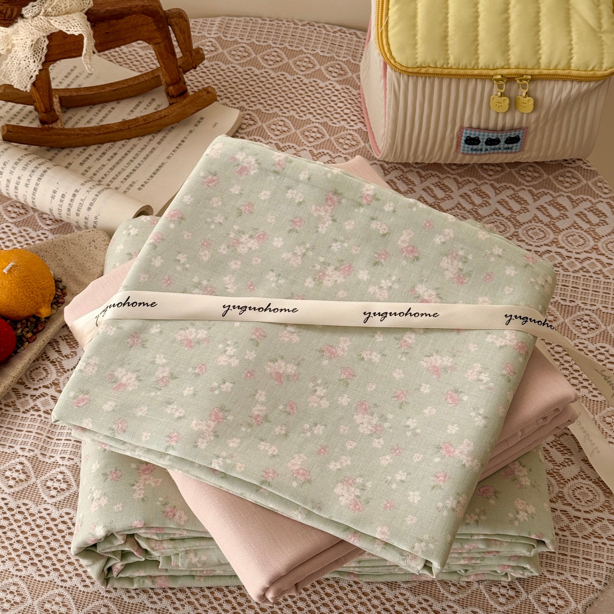 91家纺网 家纺一手货源 找家纺 于果 2026新款全棉纯棉双层纱四件套 夏礼绿