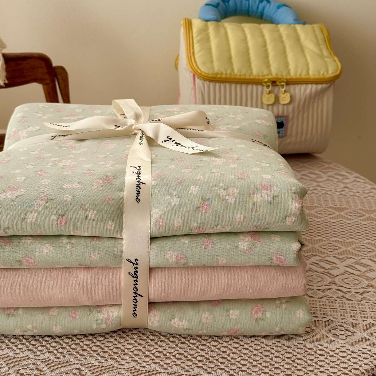 91家纺网 家纺一手货源 找家纺 于果 2026新款全棉纯棉双层纱四件套 夏礼绿