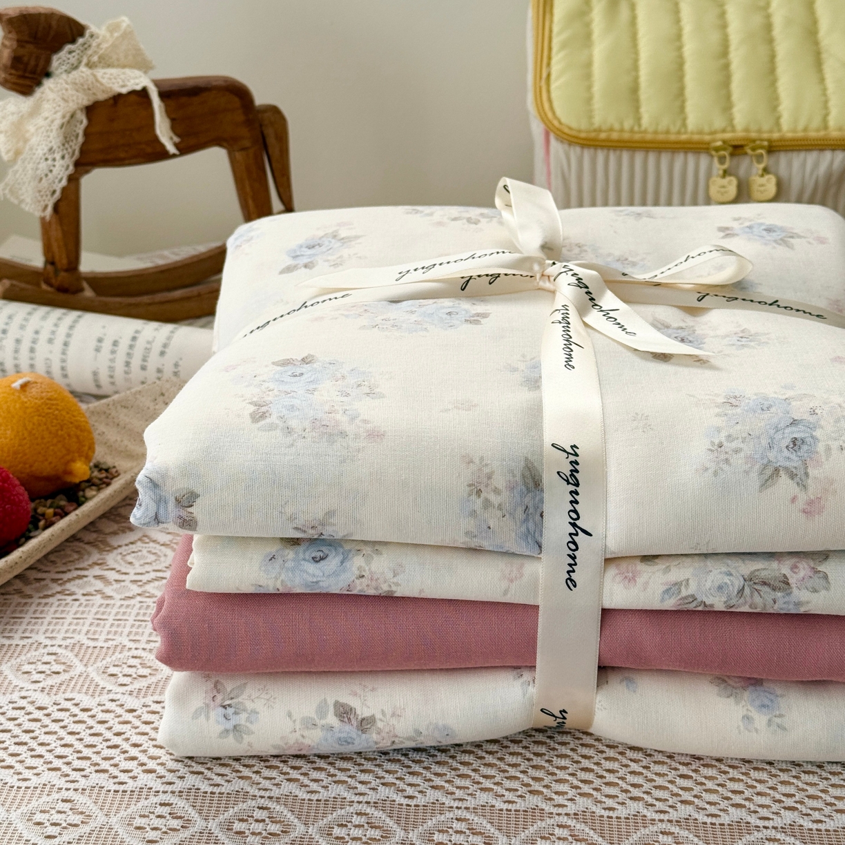 91家纺网 家纺一手货源 找家纺 于果 2026新款全棉纯棉双层纱四件套 夏日牡丹