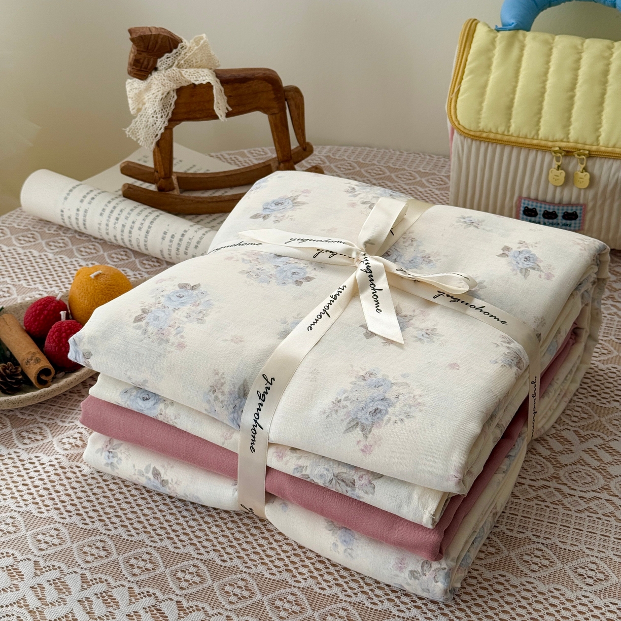 91家纺网 家纺一手货源 找家纺 于果 2026新款全棉纯棉双层纱四件套 夏日牡丹