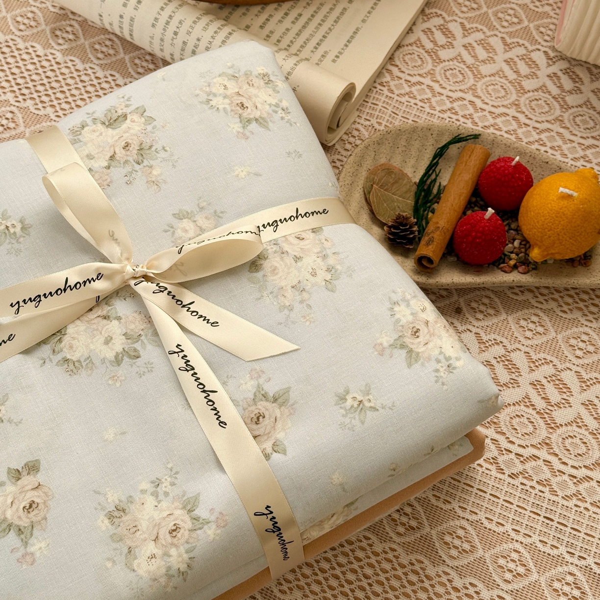 91家纺网 家纺一手货源 找家纺 于果 2026新款全棉纯棉双层纱四件套 夏日牡丹蓝