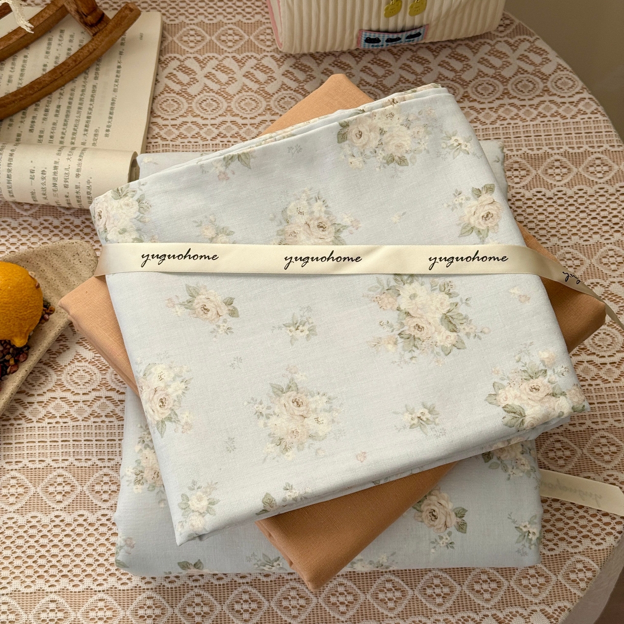 91家纺网 家纺一手货源 找家纺 于果 2026新款全棉纯棉双层纱四件套 夏日牡丹蓝