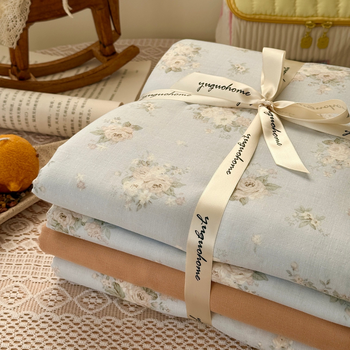 91家纺网 家纺一手货源 找家纺 于果 2026新款全棉纯棉双层纱四件套 夏日牡丹蓝