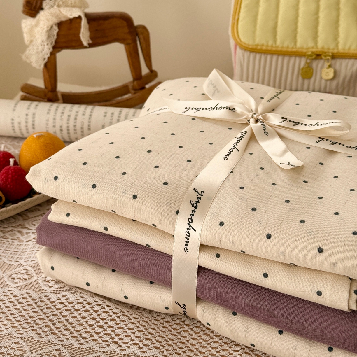 91家纺网 家纺一手货源 找家纺 于果 2026新款全棉纯棉双层纱四件套 小波点