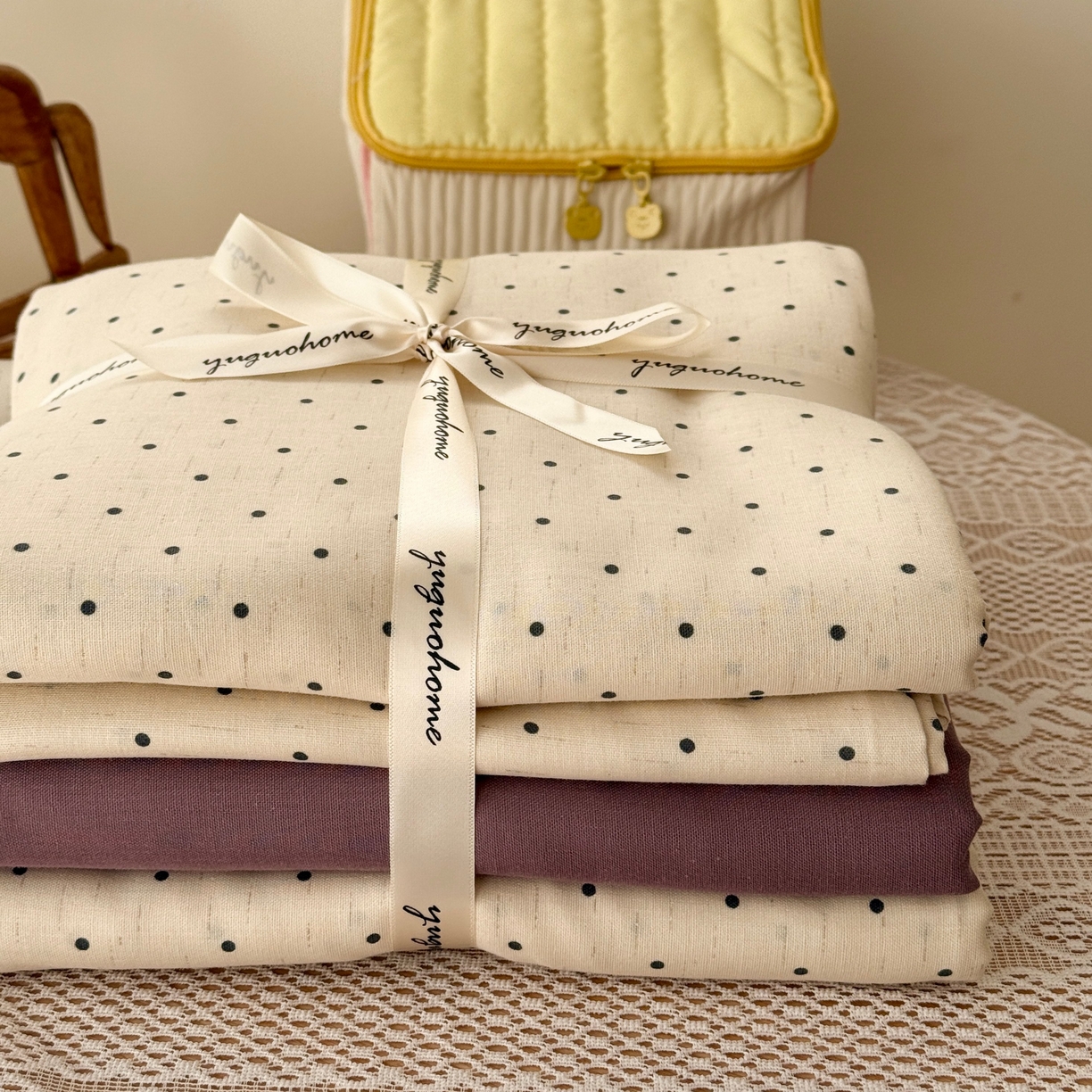 91家纺网 家纺一手货源 找家纺 于果 2026新款全棉纯棉双层纱四件套 小波点