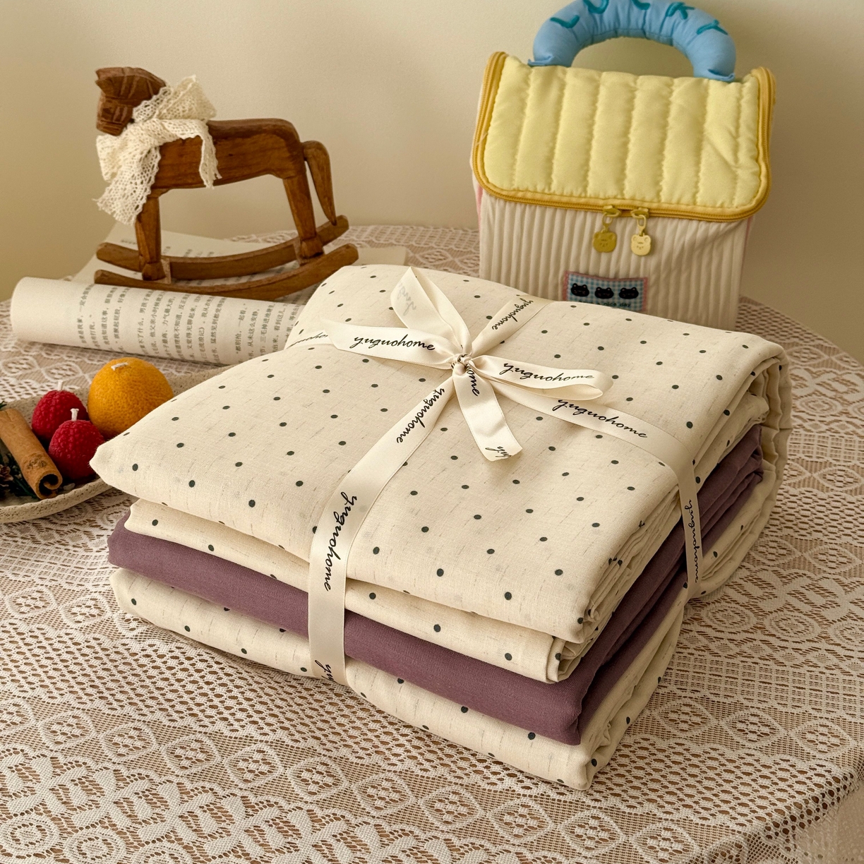 91家纺网 家纺一手货源 找家纺 于果 2026新款全棉纯棉双层纱四件套 小波点