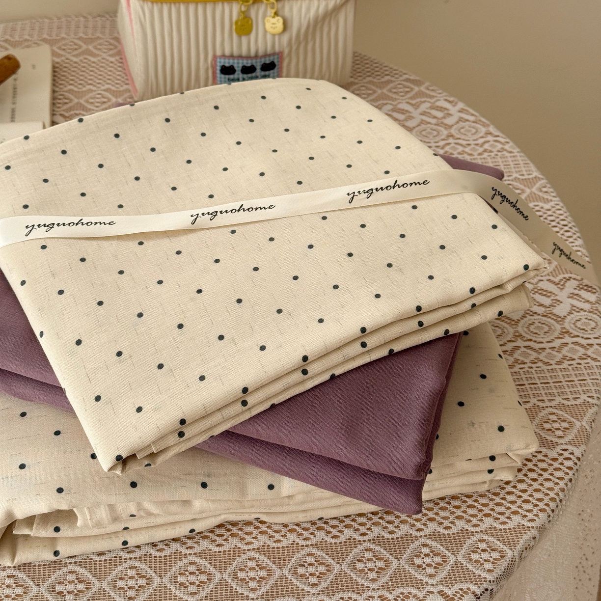 91家纺网 家纺一手货源 找家纺 于果 2026新款全棉纯棉双层纱四件套 小波点