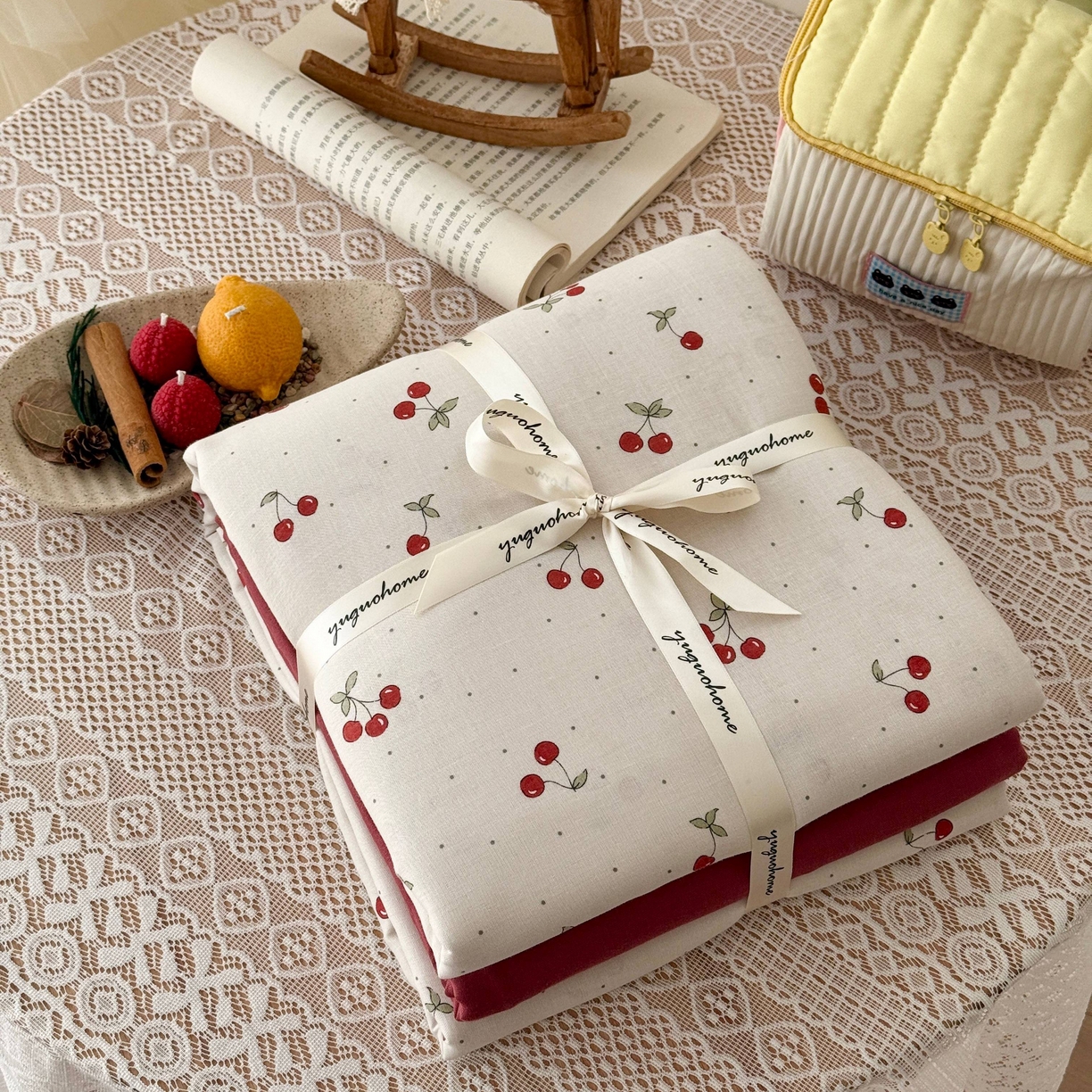 于果 2026新款全棉纯棉双层纱四件套 小樱桃