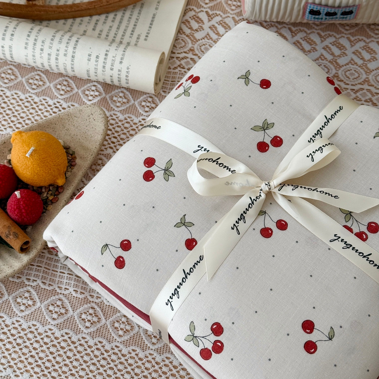 91家纺网 家纺一手货源 找家纺 于果 2026新款全棉纯棉双层纱四件套 小樱桃