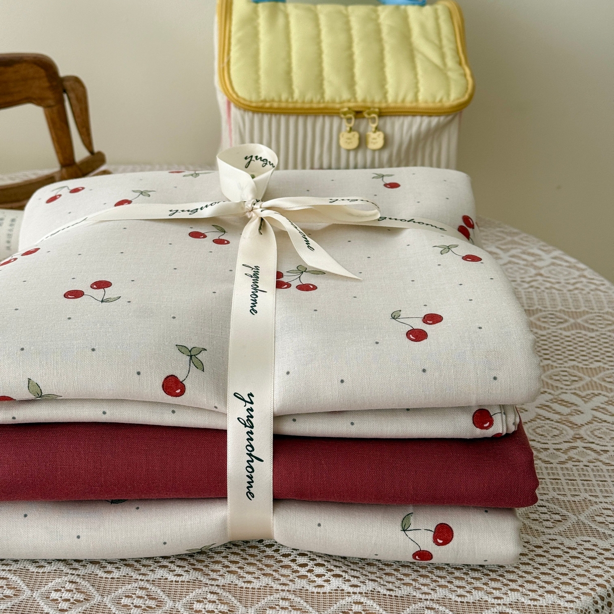 91家纺网 家纺一手货源 找家纺 于果 2026新款全棉纯棉双层纱四件套 小樱桃