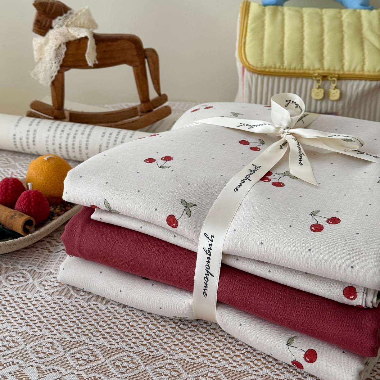 91家纺网 家纺一手货源 找家纺 于果 2026新款全棉纯棉双层纱四件套 小樱桃