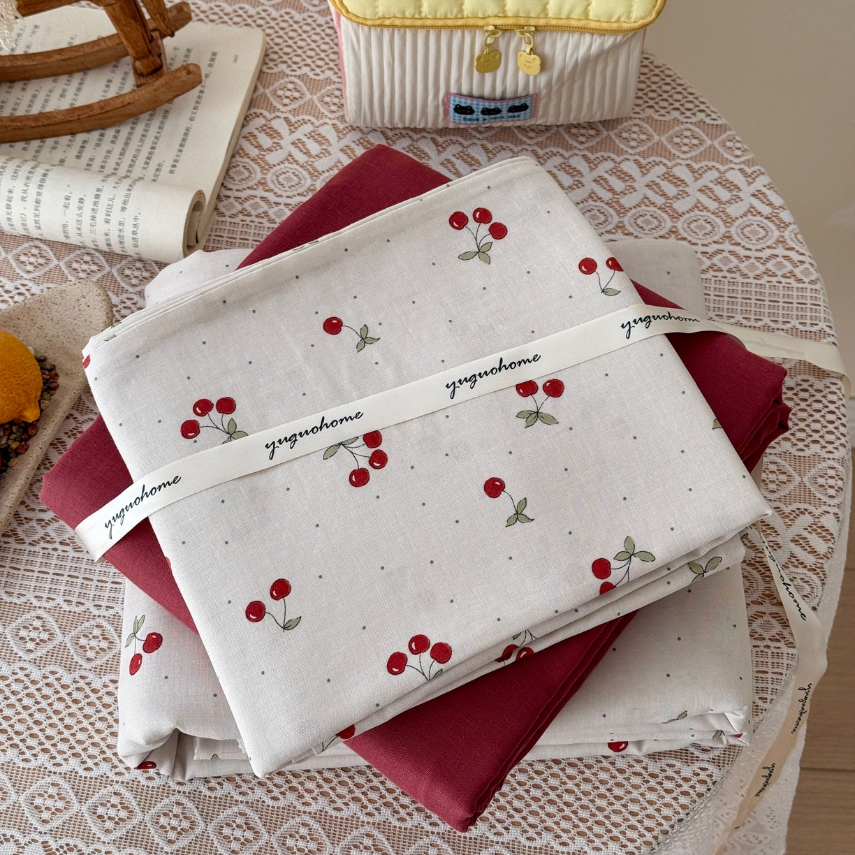 91家纺网 家纺一手货源 找家纺 于果 2026新款全棉纯棉双层纱四件套 小樱桃