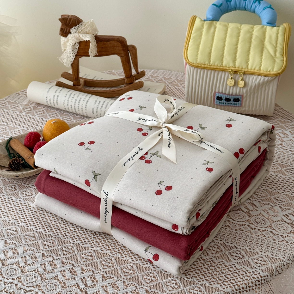 91家纺网 家纺一手货源 找家纺 于果 2026新款全棉纯棉双层纱四件套 小樱桃