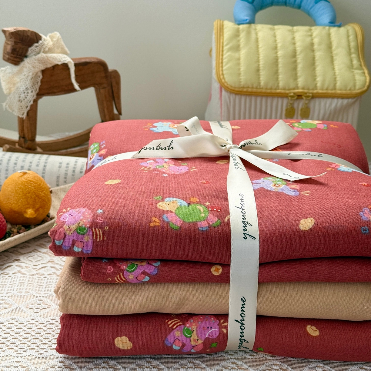 91家纺网 家纺一手货源 找家纺 于果 2026新款全棉纯棉双层纱四件套 星光木马