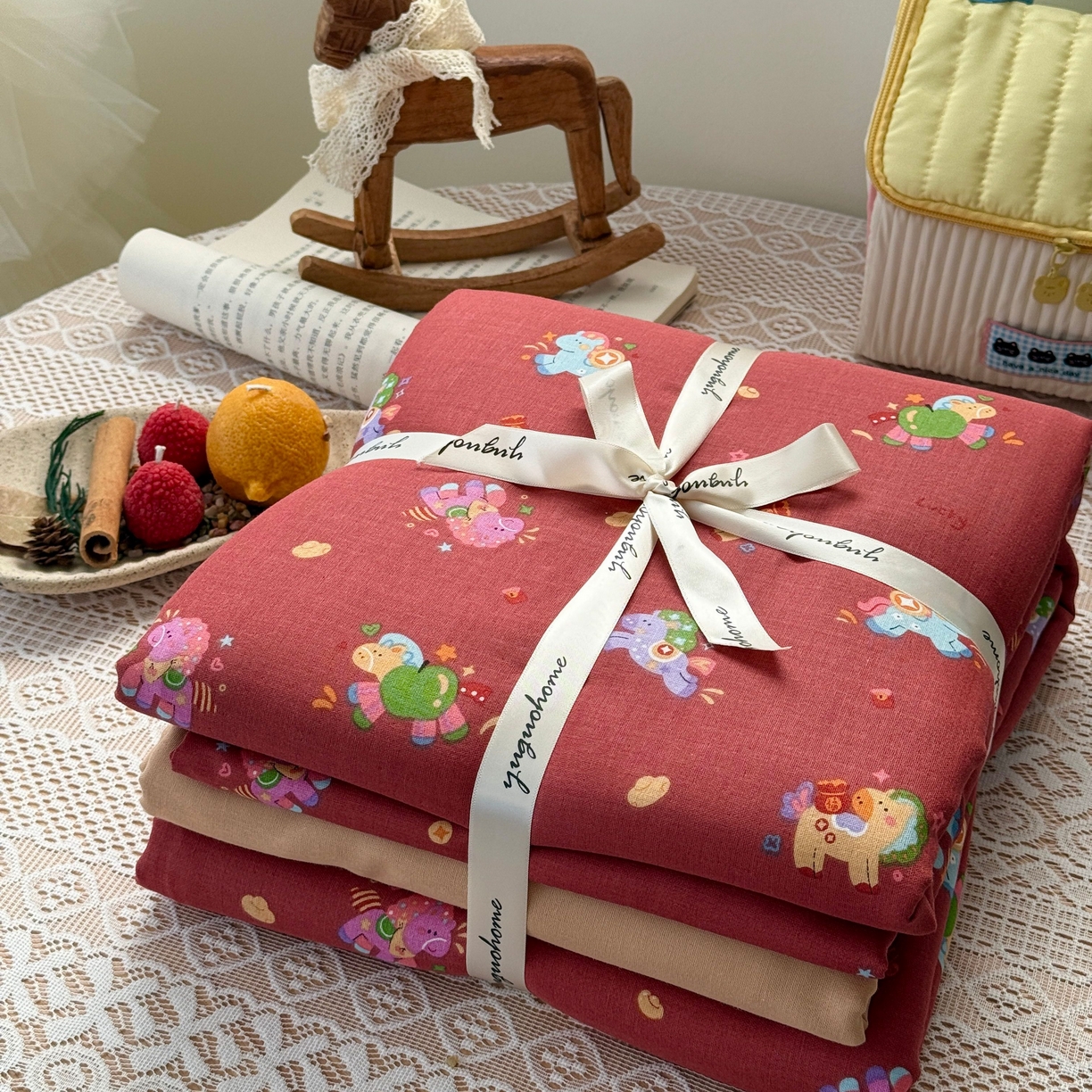 91家纺网 家纺一手货源 找家纺 于果 2026新款全棉纯棉双层纱四件套 星光木马