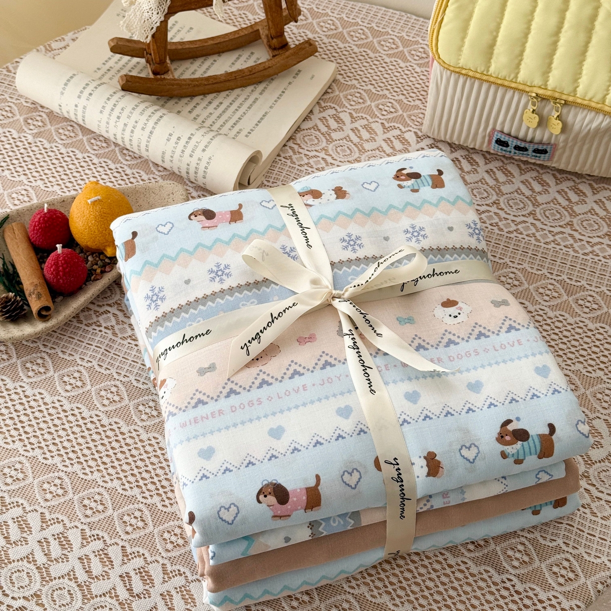 于果 2026新款全棉纯棉双层纱四件套 雪花小狗