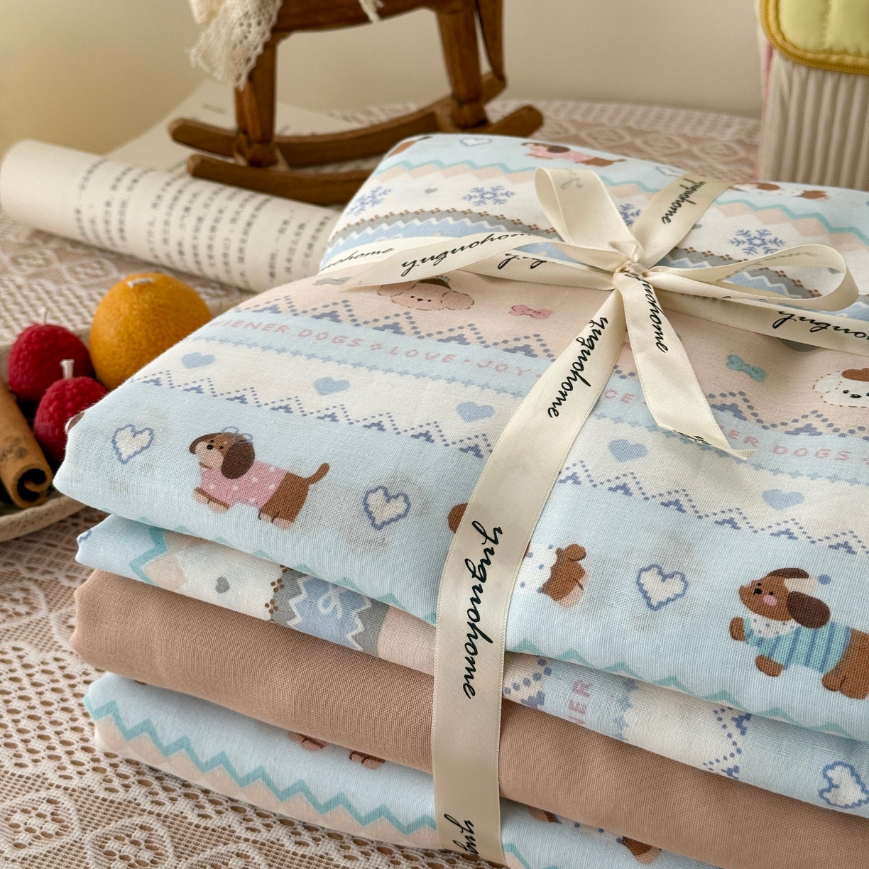 91家纺网 家纺一手货源 找家纺 于果 2026新款全棉纯棉双层纱四件套 雪花小狗