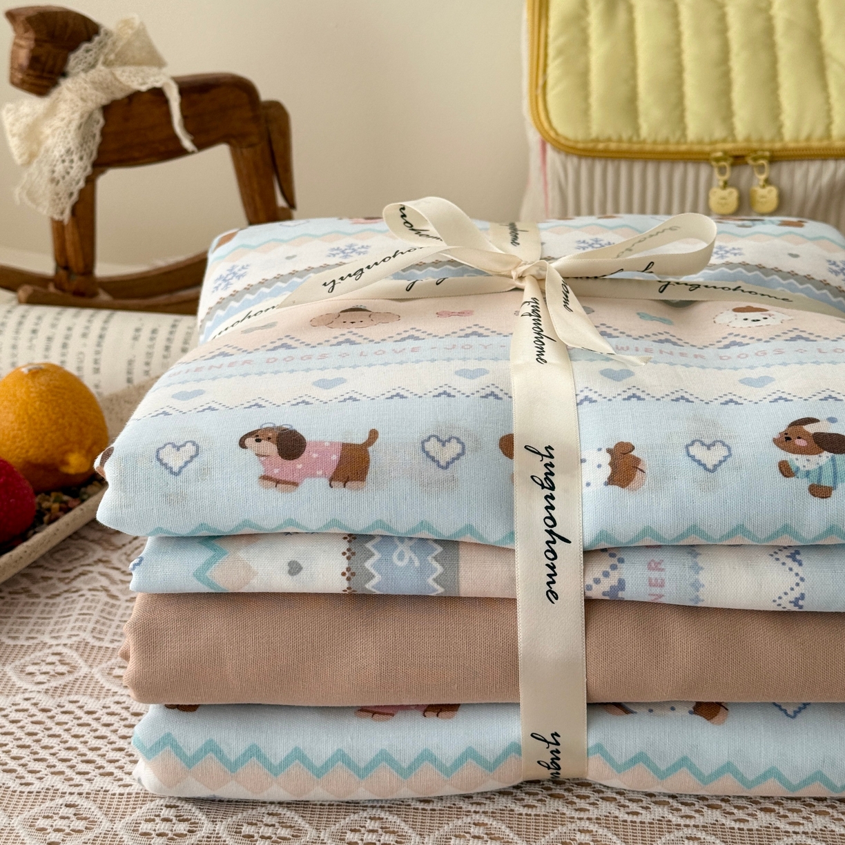 91家纺网 家纺一手货源 找家纺 于果 2026新款全棉纯棉双层纱四件套 雪花小狗