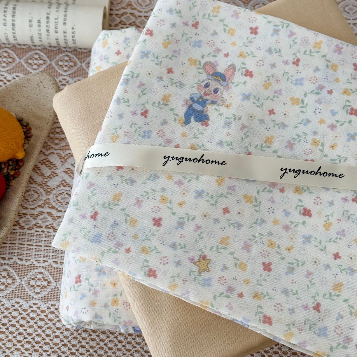 91家纺网 家纺一手货源 找家纺 于果 2026新款全棉纯棉双层纱四件套 长耳兔