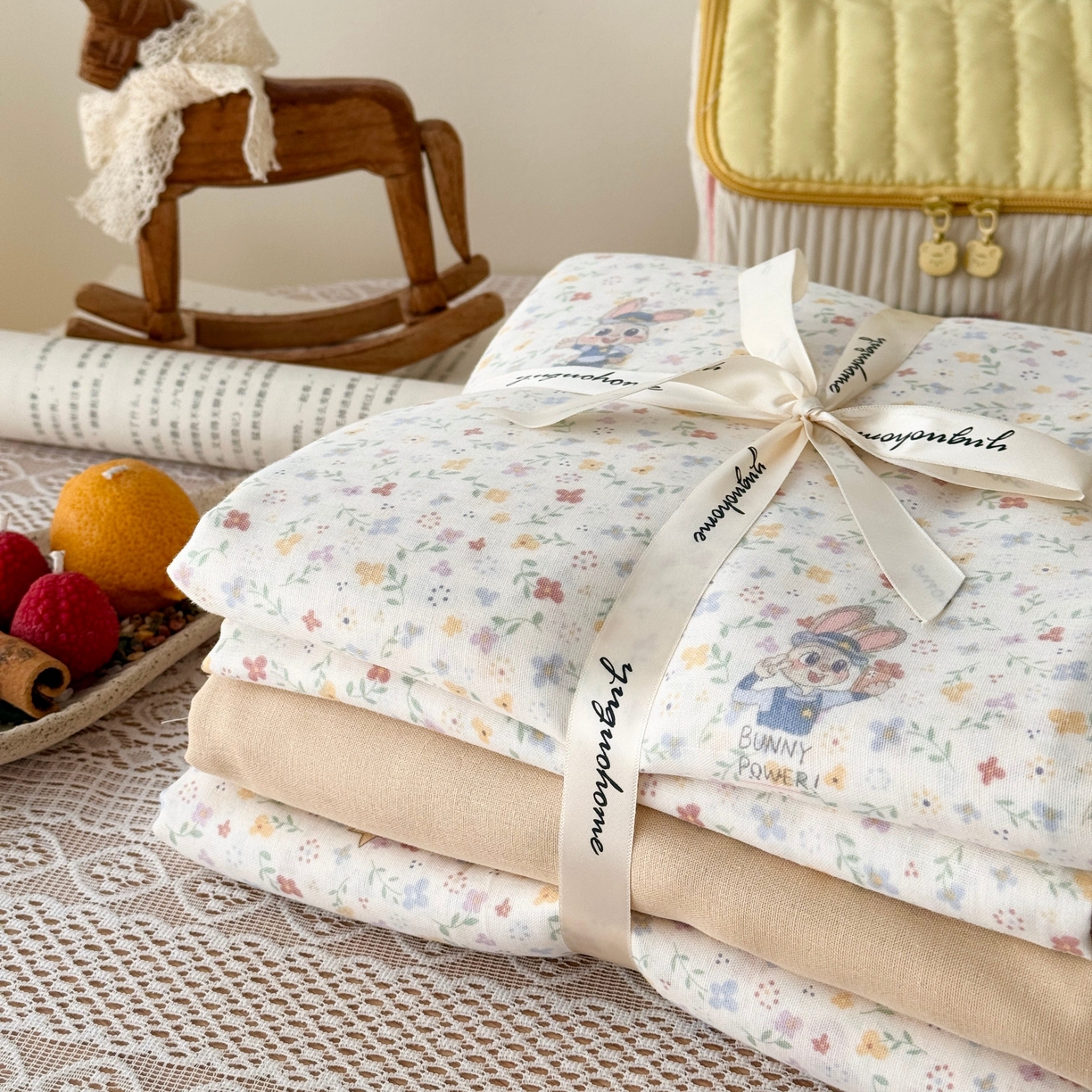 91家纺网 家纺一手货源 找家纺 于果 2026新款全棉纯棉双层纱四件套 长耳兔