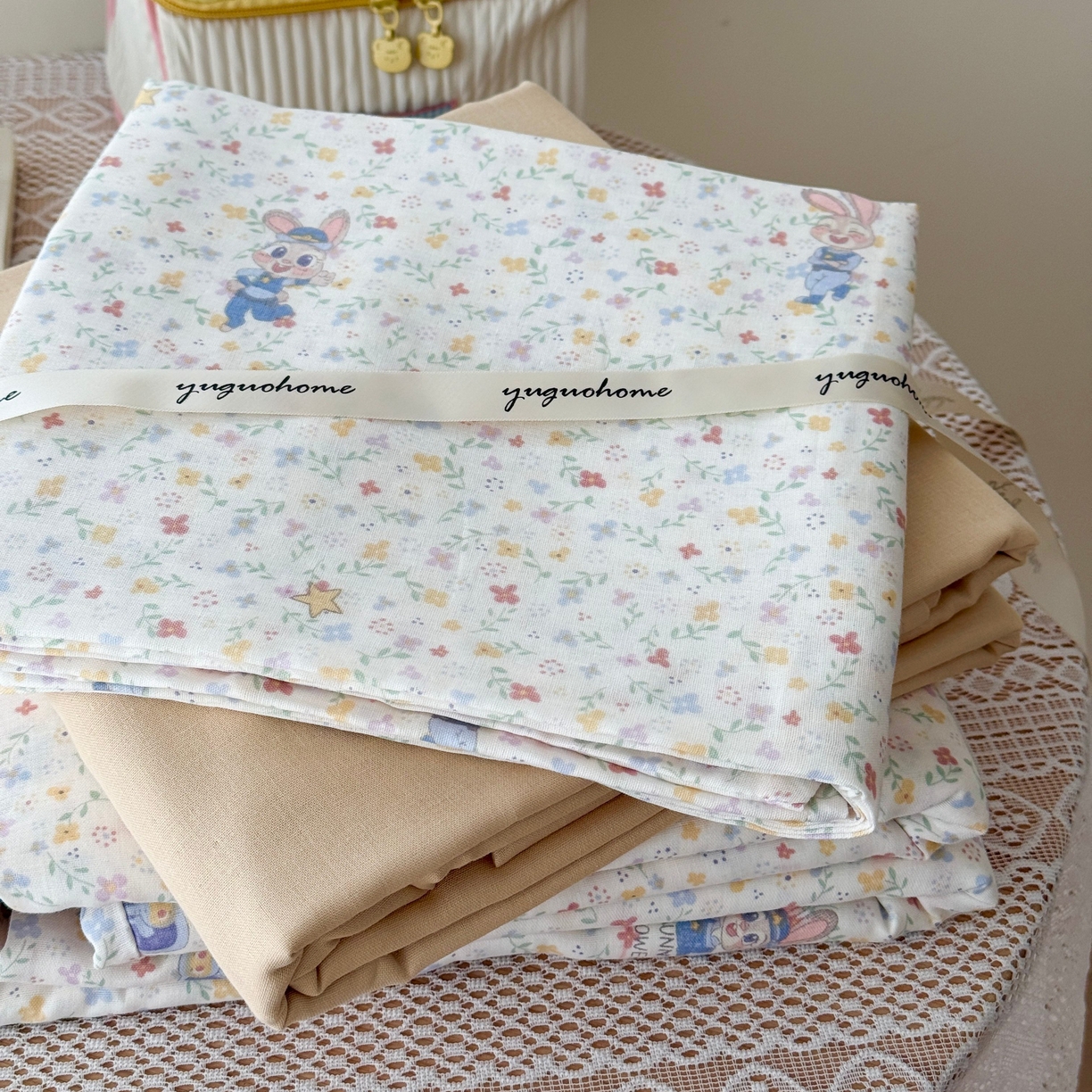 91家纺网 家纺一手货源 找家纺 于果 2026新款全棉纯棉双层纱四件套 长耳兔