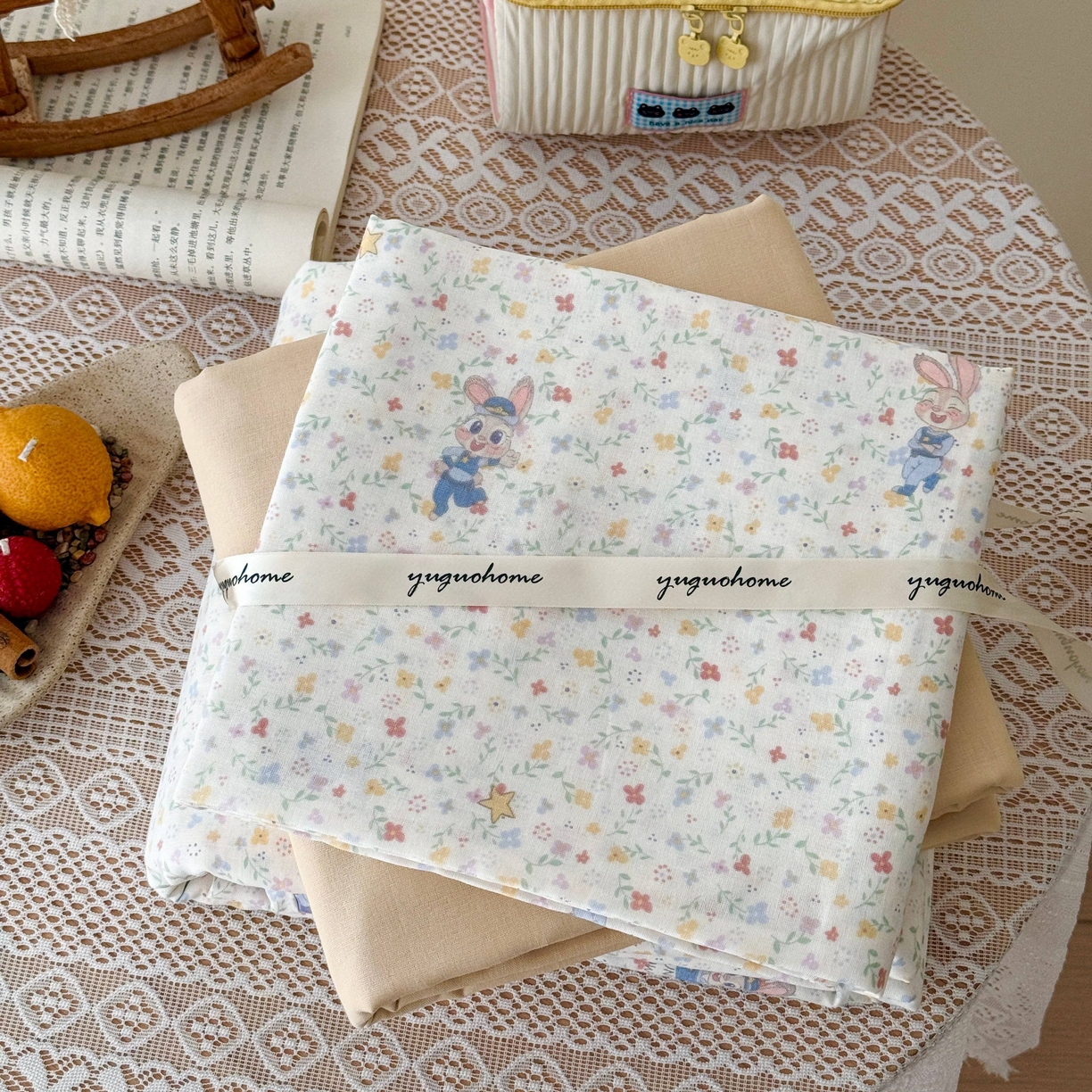 91家纺网 家纺一手货源 找家纺 于果 2026新款全棉纯棉双层纱四件套 长耳兔